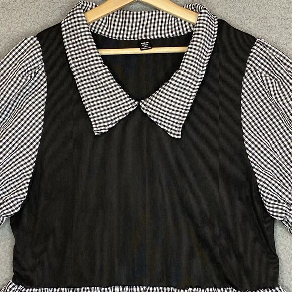 Womens Academia Whimsigoth 4XL Black & White Gingham Plaid Stretch Top Blouse - Picture 2 of 8